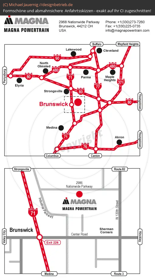 Anfahrtsskizzen erstellen / Anfahrtsskizze Brunswick / Ohio / USA (Übersichtskarte und Detailkarte)   MAGNA Powertrain( 218)