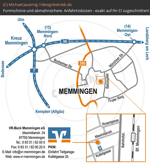 Anfahrtsskizzen erstellen / Anfahrtsskizze Memmingen Maximilianstraße (Detailskizze mit Übersichtsplan)   VR-Bank Memmingen eG( 355)