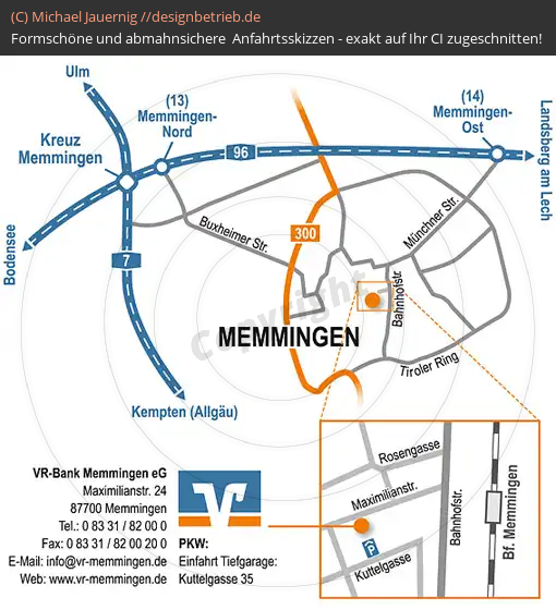 Anfahrtsskizzen erstellen / Anfahrtsskizze Memmingen (Großraum + Zoomkarte)   VR-Bank Memmingen eG( 496)