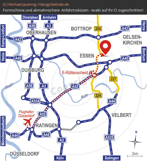 Anfahrtsskizzen erstellen / Anfahrtsskizze Essen Übersichtskarte  Flughafen Düsseldorf bis Essen | Cornelsen Umwelttechnologie GmbH( 663)