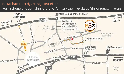 Anfahrtsskizzen erstellen / Anfahrtsskizze Essen Manderscheidtstraße 90 Anfahrtskarte mit dynamischen Maßstäben  BSZ Keramikbedarf GmbH( 731)